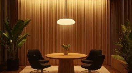 A modern interior scene featuring a round table and chairs