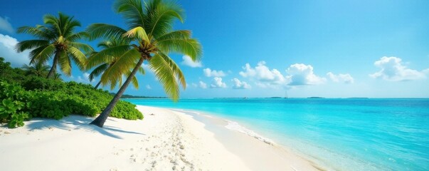 Fine white sand, palm trees hinted on island, azure sea, scenic, sea