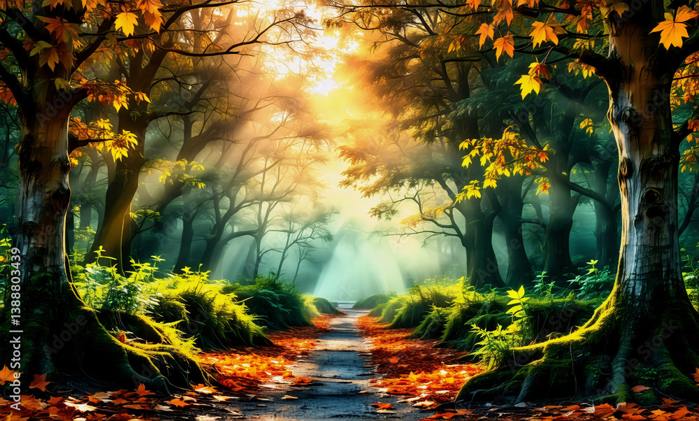 Poster a serene autumn forest path bathed in golden sunlight filtering through trees with colorful foliage.