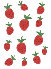 Hand-drawn strawberry pattern with a watercolor texture, featuring scattered red strawberries with green leaves on a white background. Perfect for fabric design, packaging, and stationery