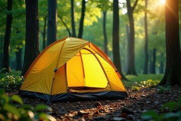 Bright yellow tent pitched on forest floor, dappled sunlight, wild, shadow, landscape