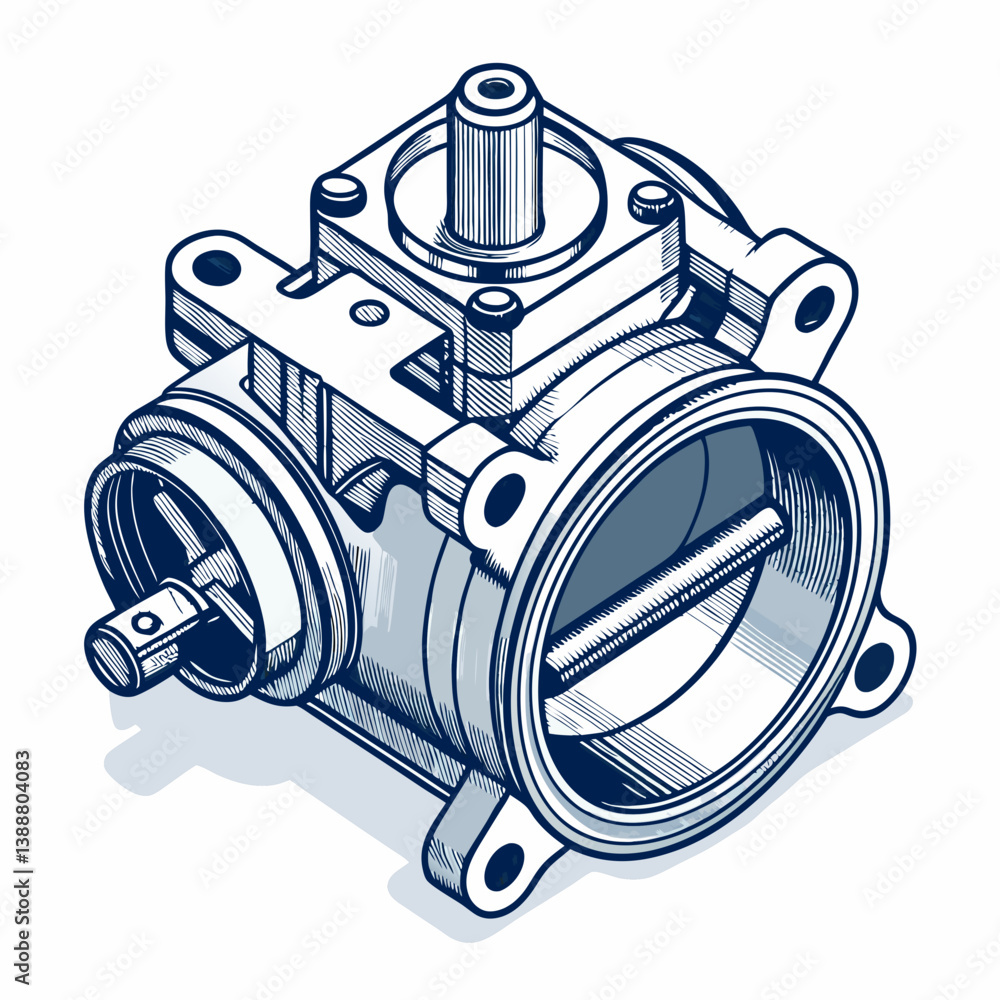 Poster create a bold, vector illustration of a throttle body with clearly defined internal components. incl
