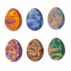 Set of six marbled Easter eggs with vibrant swirling patterns. Perfect for festive designs, digital art, and decorations