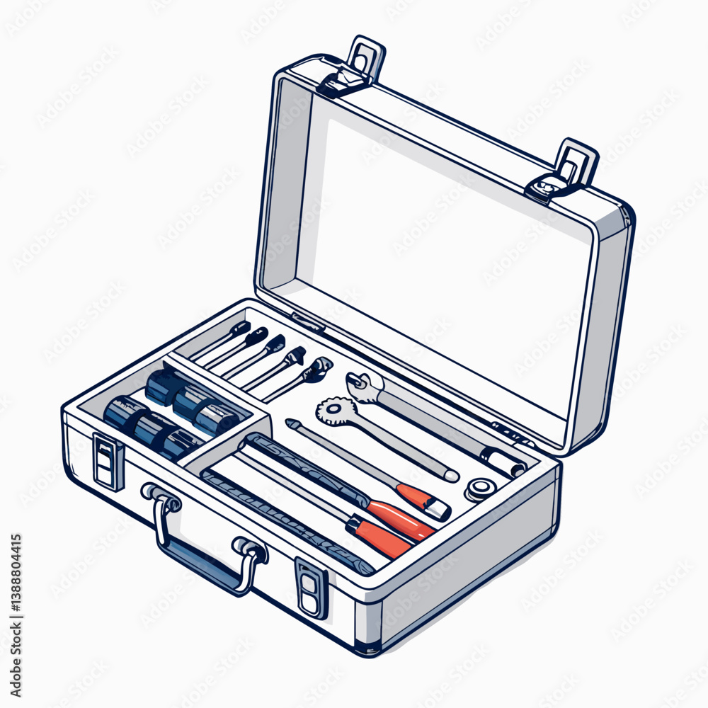 Poster create a bold, vector illustration of an open toolbox displaying the letter 'm' prominently. the sty