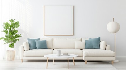 A white sectional sofa with teal pillows sits in a minimalist room. A coffee table and a potted plant are nearby. A large blank canvas hangs on the wall. The image is high-resolution and brightly li
