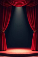 Crimson curtain rises, spotlight illuminates empty stage, stagecraft, red curtain