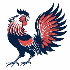 Create a bold vector illustration of a traditional gamecock, emphasizing strong lines and vibrant plumage.  Focus on detailed comb and wattles.