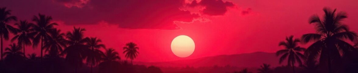 Crimson sunset, infrared palms silhouette against sky,  colors,  horizon,  serene