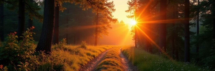Golden hour light illuminates forest path, sunset hues paint sky , colors, shadows