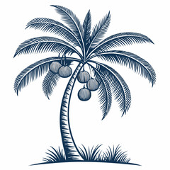 Create a bold, vector illustration of a tropical coconut tree, emphasizing thick, black strokes for a strong graphic style.