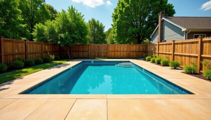 New rectangular pool, tan concrete deck, fenced backyard, lifestyle, fence