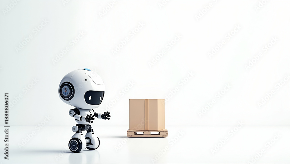 Poster futuristic flat wallpaper design: warehouse picking robots in expansive space with digital rendering