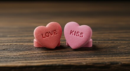 Fototapeta premium Sweet Nothings: Love & Kiss Candy Hearts on Wood AI Generated