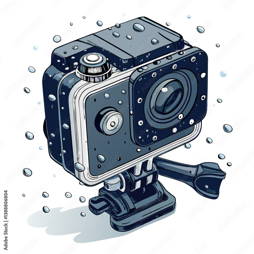 Poster Create a bold, vector illustration of a waterproof action camera, emphasizing its rugged design.  Include strong lines and vibrant color.