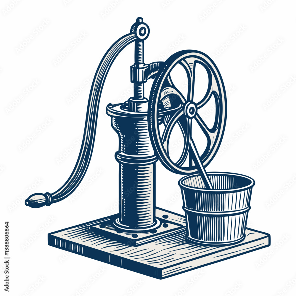 Poster create a bold, vector illustration of a water pump with clearly defined plumbing connections. includ