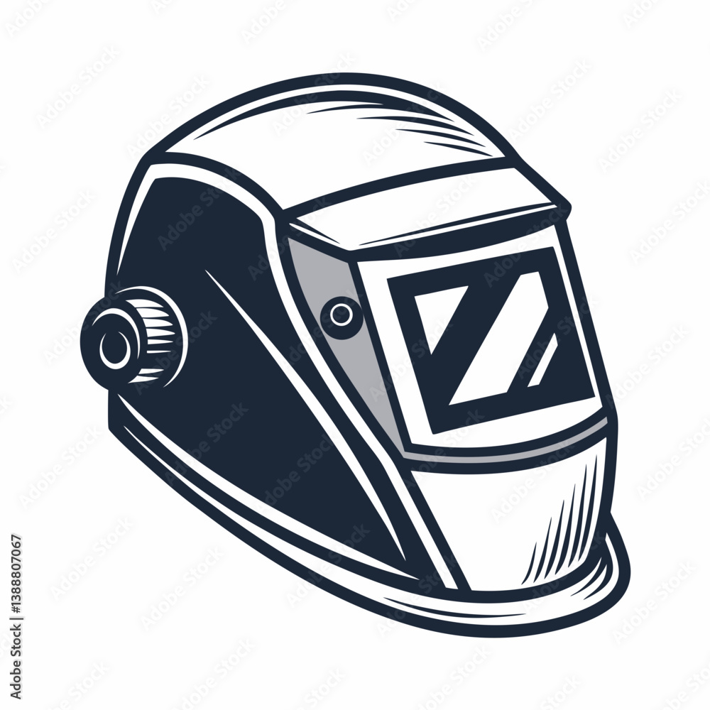 Poster create a bold, vector illustration of a welding helmet with heavy black strokes. the helmet should b