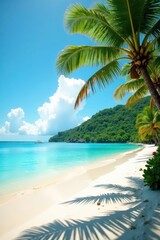 Obraz premium Serene West Sumatra beach; swaying palm trees, turquoise water, beautiful, landscape, tranquil