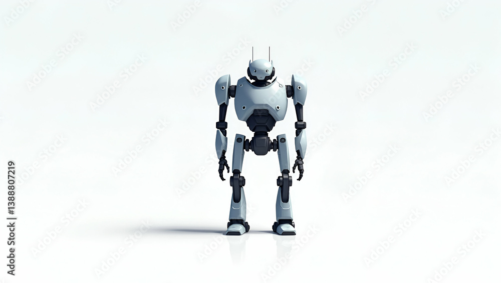 Poster futuristic flat wallpaper art: bipedal robots in vast spaces - cute vector illustrations of advanced
