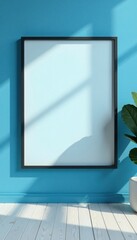 Empty frame mockup, blue wall, minimalist decor, background, wall art, picture frame