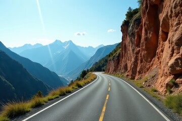 Fototapeta premium Narrow asphalt lane, steep cliffside, distant peaks, bend, peaks, clouds