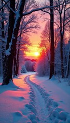Winter sunset casts long shadows through bare, snow-dusted trees , december, peaceful, woods