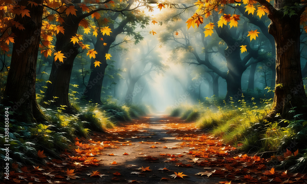 Poster a serene autumn forest path is illuminated by sunlight filtering through trees. fallen leaves blanke