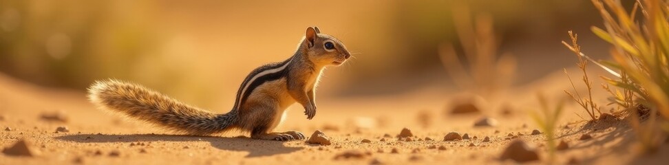 Fototapeta premium Ground squirrel uses tail for shade, Kalahari desert sun , africa wildlife, sand