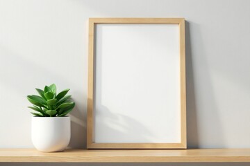 Simple wooden frame, potted succulent on shelf, cactus, natural