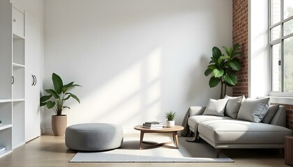 White wall with a gray ottoman , a table with books, a brick wall with a sofa and a big window in a living room 