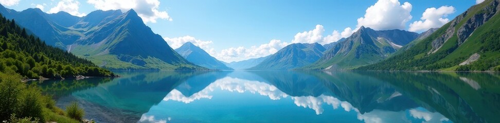 Naklejka premium Crystal clear lake mirroring majestic Norwegian mountains under a vibrant blue sky , landscape, water