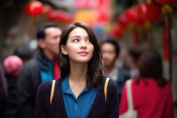 Young asian woman looking up in a crowded street, urban exploration and cultural immersion concept