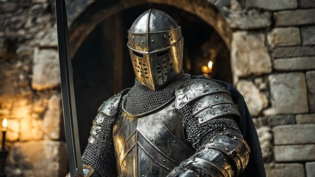 A dramatic scene of a medieval knight in full armor holding a sword with determination, set against a dimly lit, rustic background with glowing embers evoking intensity and historical atmosphere.