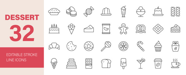 Dessert icon set. Containing bakery, pie, cake, cookie, ice cream, chocolate, jam, cheesecake, birthday, candy, lollipop, coffee and more. Editable line icons. Vector illustration.