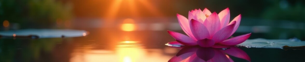 Fototapeta premium Pink lotus blossom opens at sunset, reflecting in calm pond water, plant, background, sky
