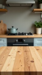 Empty light wood tabletop, blurred modern kitchen background , design, image, shiny
