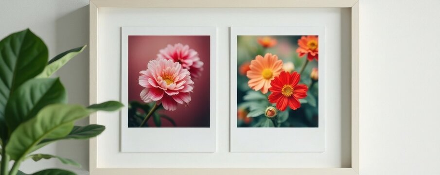 Two close-up polaroids displayed in a modern minimalist frame , memories, close, pals