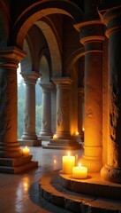 Golden candlelight illuminates serene temple interior, mindfulness, spirituality, hindu