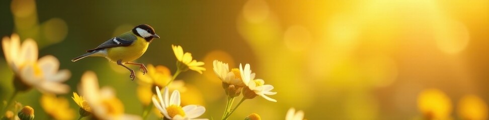 Golden hour, yellow tit soaring above blooming daisies , flora, cheerful, landscape