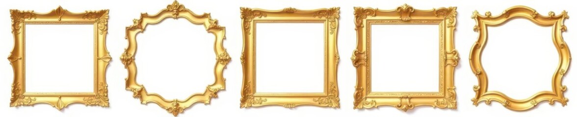 Set of exquisite golden vintage frames, white backdrop, perfect for design , refined, elegant