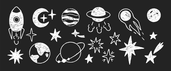 Set of elements of space with planets, stars and sun. Crayon, pencil or chalk texture. Hand drawn cartoon illustration for kids. White pastel vector illustration on a black background. © Arina
