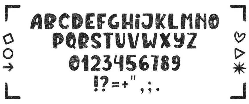 Doodle children font, cartoon kids alphabet with crayon, paste or chalk texture. Vector handdrawn numbers and letters.