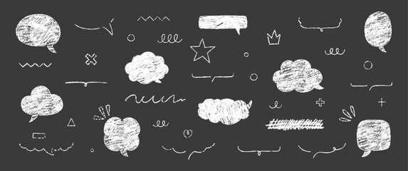 Set of hand drawn grunge crayon, charcoal, chalk speech bubbles and highlights. Text frames with emphasis. Japan handwritten illustration on a black background.