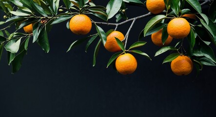 Orange tree branch on plain black background with leaves and fruits nature food agri concept wide angle cinematic