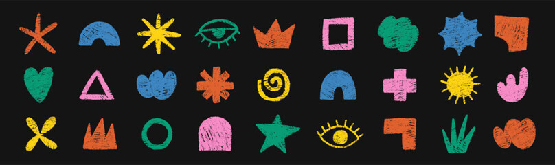 Set of hand drawn simple shapes of heart, flower, star, cross with crayon or chalk texture. Multicolor doodle design elements for school. Vector illustration for kids on a black background.