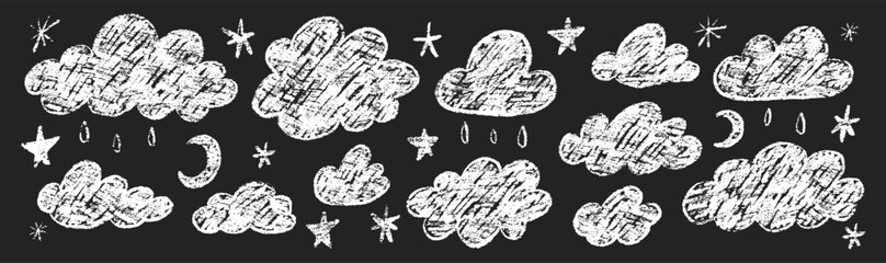 Set of crayon clouds. stars and drops. Hand drawn vector kids crayon illustration isolated on black background.