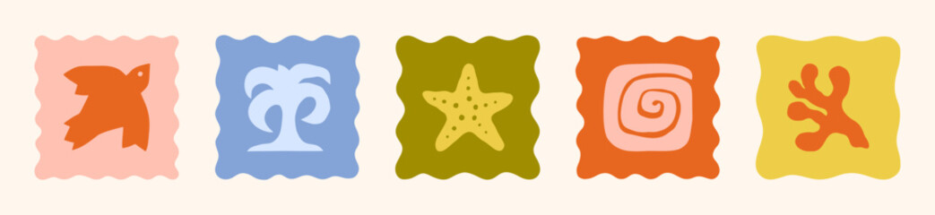 Boho Summer Beach Illustration Set. Groovy Geometric Seashells, Bird, Palm Tree, Sea Star and Coral. Vector Abstract Square Tropical Icons in Freehand Retro Style for Logo, Print, Pattern, Poster