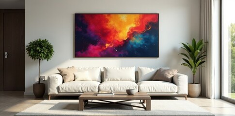 Sleek sofa, low table, neutral walls, abstract art , calm, furniture, interior