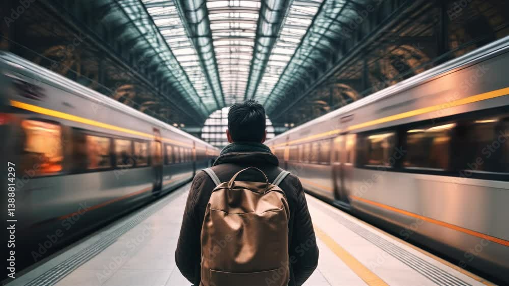 Poster a dynamic video scene captures a man with a backpack from behind at a train station, with a wide-ang