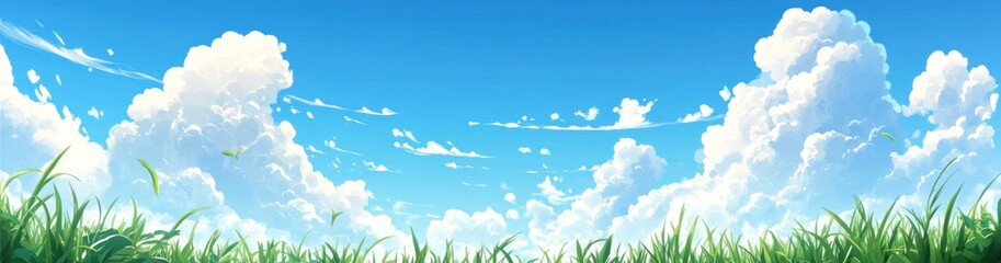 Obraz premium A vibrant blue sky filled with fluffy white clouds above green grass