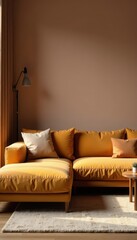 Modern sectional sofa, warm tones, soft lighting, minimalist decor , calm, sectional sofa, soft lighting